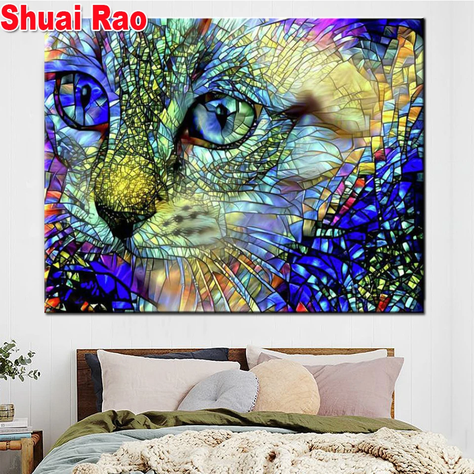 

DIY 5D Diamond Painting Cross Stitch Full round Diamond Embroidery Abstract art cats head Pattern Rhinestone Pasted Painting