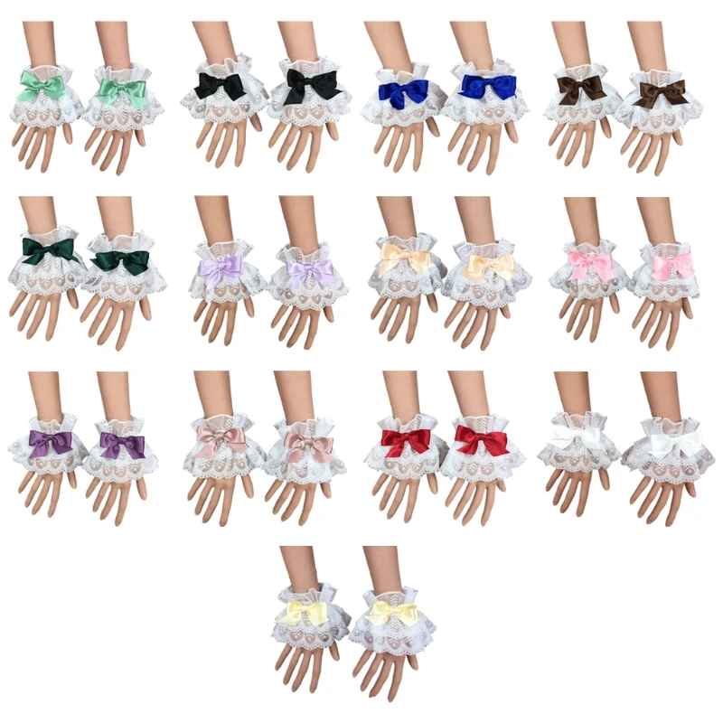 

Japanese Lolita Hand Sleeve Wrist Cuffs Sweet Ruffled Lace Multicolor Bowknot Maid Cosplay Bracelet for Wedding Party