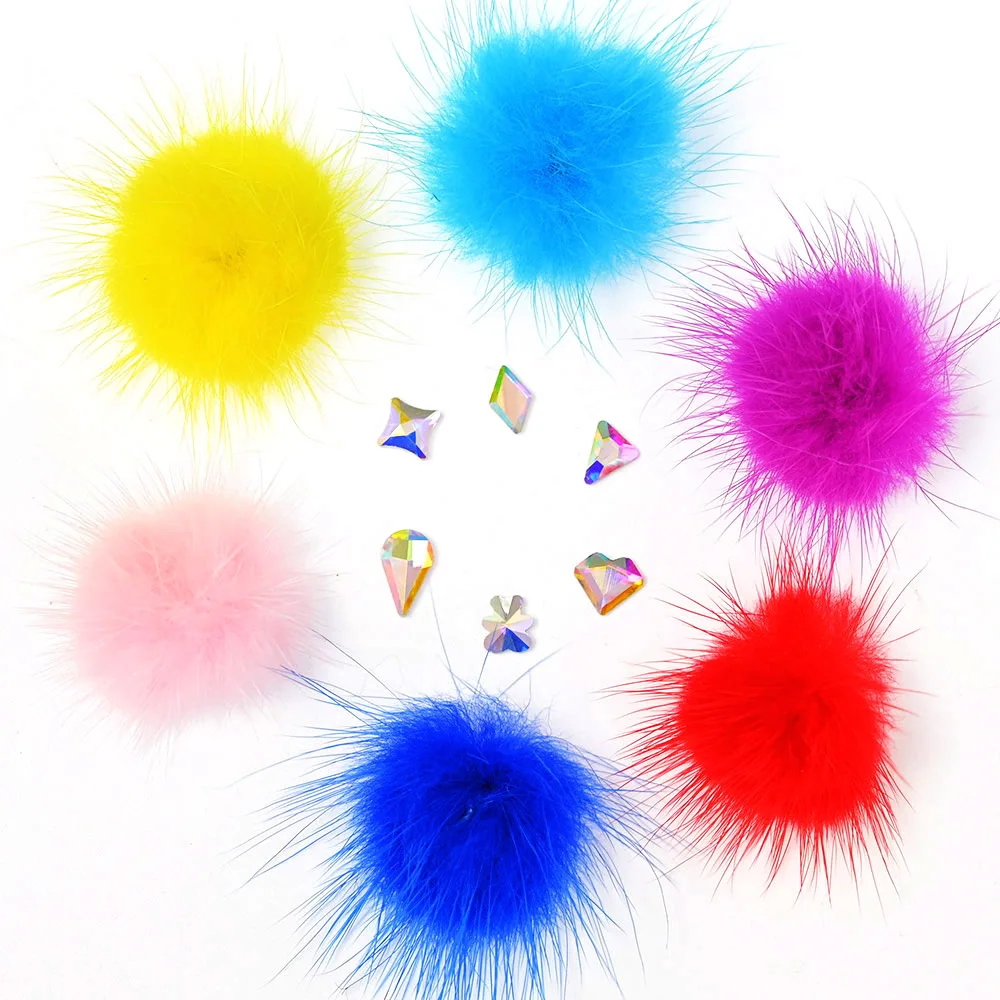 1 Box Nail Pompoms(18pcs) Colorful Fluffy Fur Balls 27*27mm 150pcs 6 Shapes AB Crystal Rhinestones Set Nail Art Decorations K#54