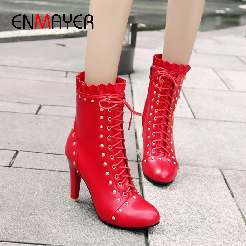 

ENMAYER Rivet Boots for Women Round Toe Thin Heels PU Motorcycle Boots Super High Solid Fleeces Winter White Boots Red