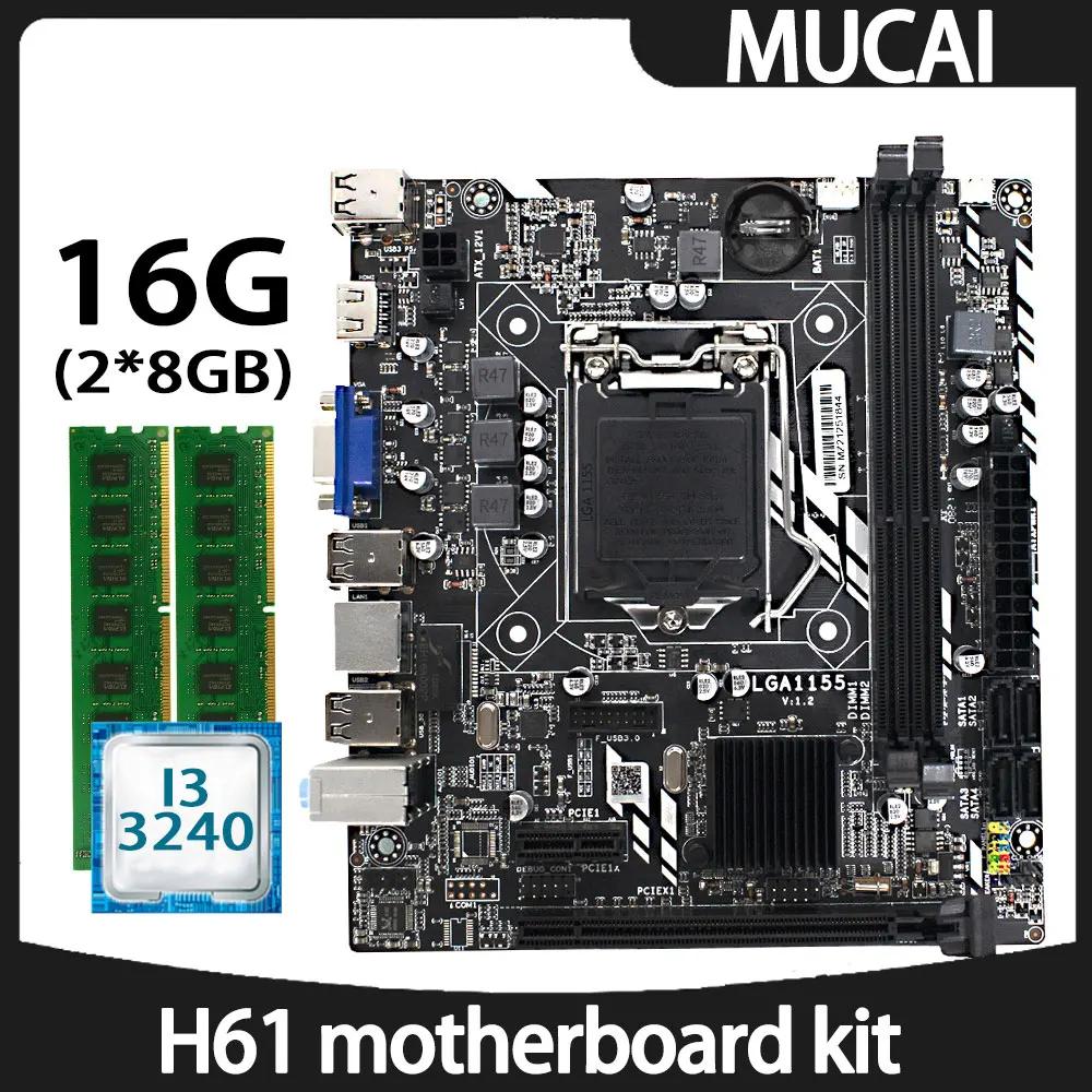 

MUCAI H61 motherboard LGA 1155 kit set With Intel core i3 3240 CPU processor and DDR3 16GB(2*8GB) 1600MHZ RAM memory