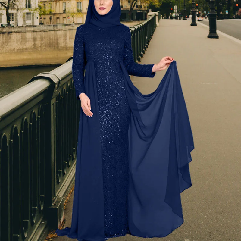 

Bodycon Sequin Lace Women Muslim Abayas Long Sleeves Mermaid Dress with Thin Gauze Oversized Elegant Floor Length Ramadan Kaftan