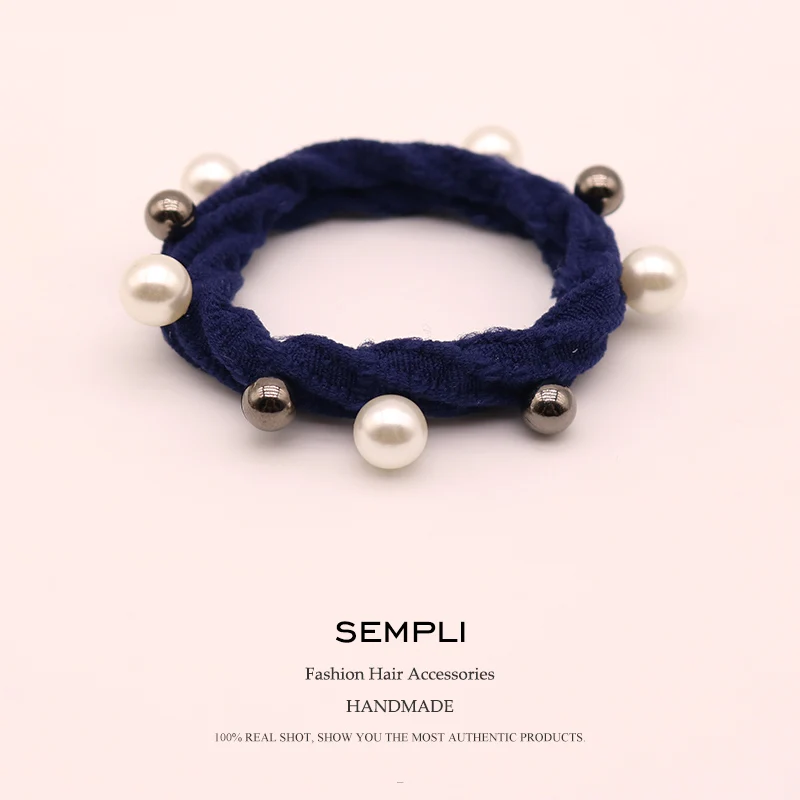 Navy Blue Sempli 10 Цвета нейлон Эластичный женские обручи для девочек высокое качество жемчуг резинки СПЛАВ украшение для волос с бусинами, обтянутая тканью; - Цвет: Navy Blue