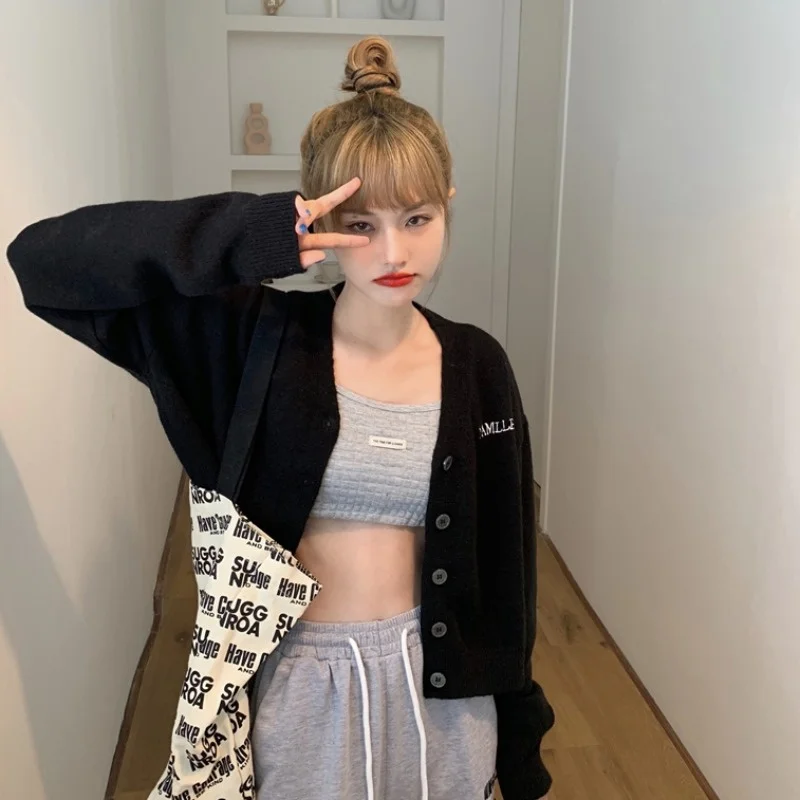 Женский вязаный кардиган с вышивкой алфавита V-образным вырезом и длинным