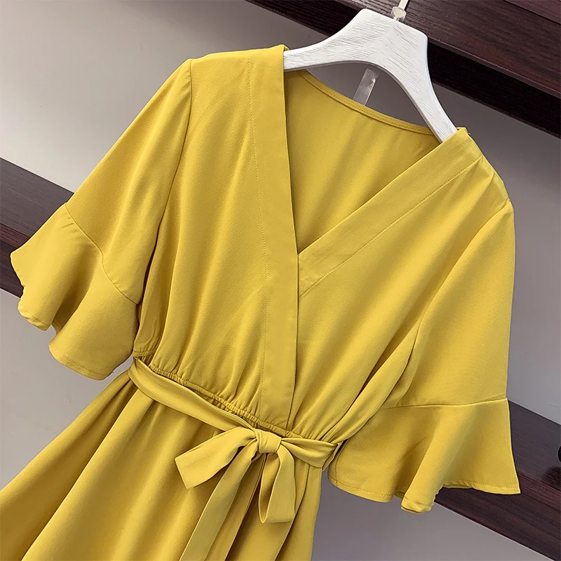 

4XL Plus Size Women Elegant Yellow Chiffon Dress Summer 2021 Fashion V-neck Flare Sleeve High Waist Ladies Loose Ruffle Dresses