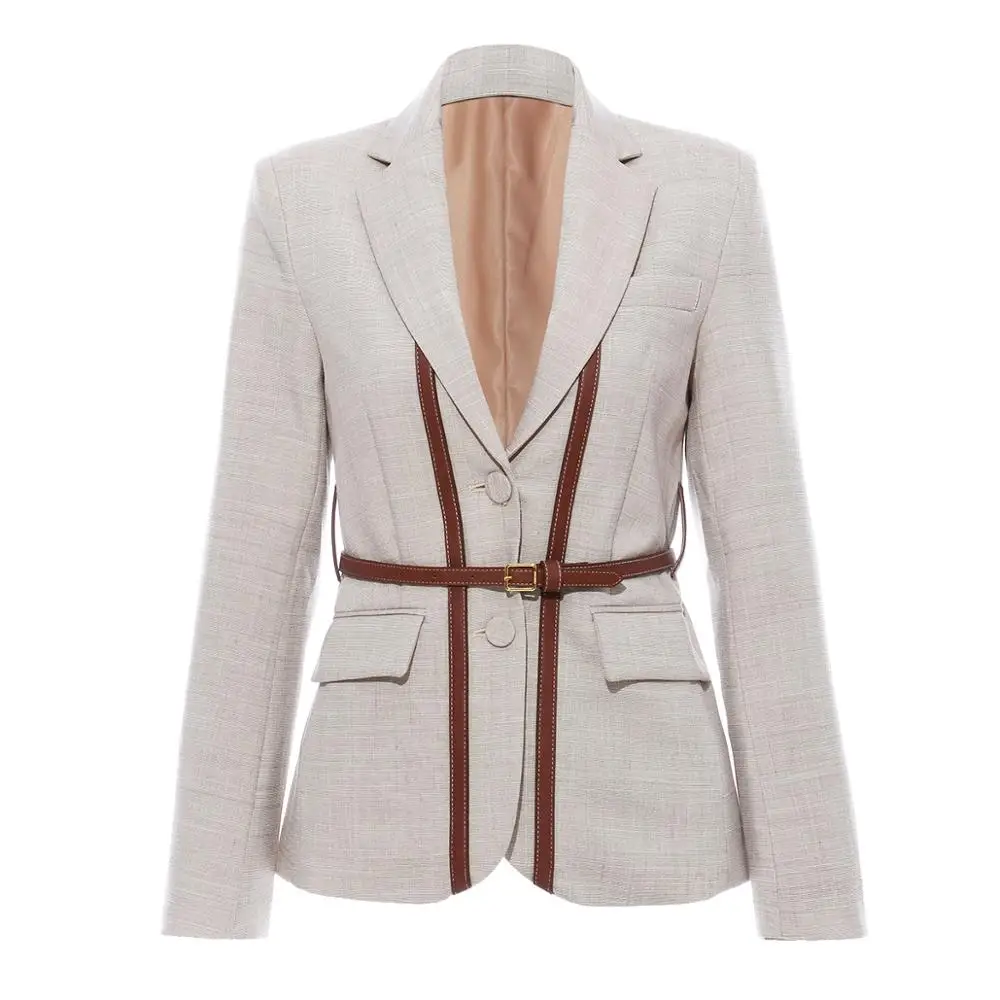 

MSXU New Women British Style Stitching Contrast Leather Stitching Straps Feel Small Suit Jacket With Belt