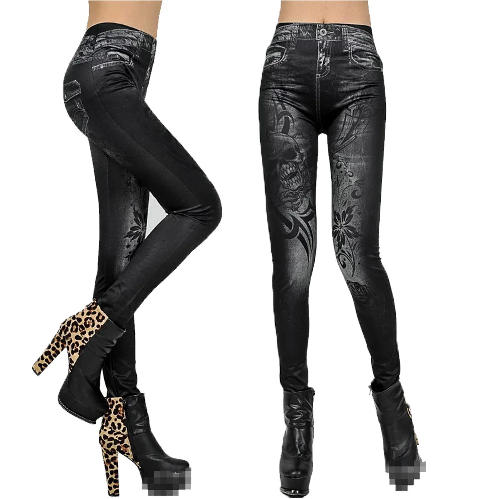 Бесшовные модные джинсовые леггинсы с принтом черепа женские узкие брюки |