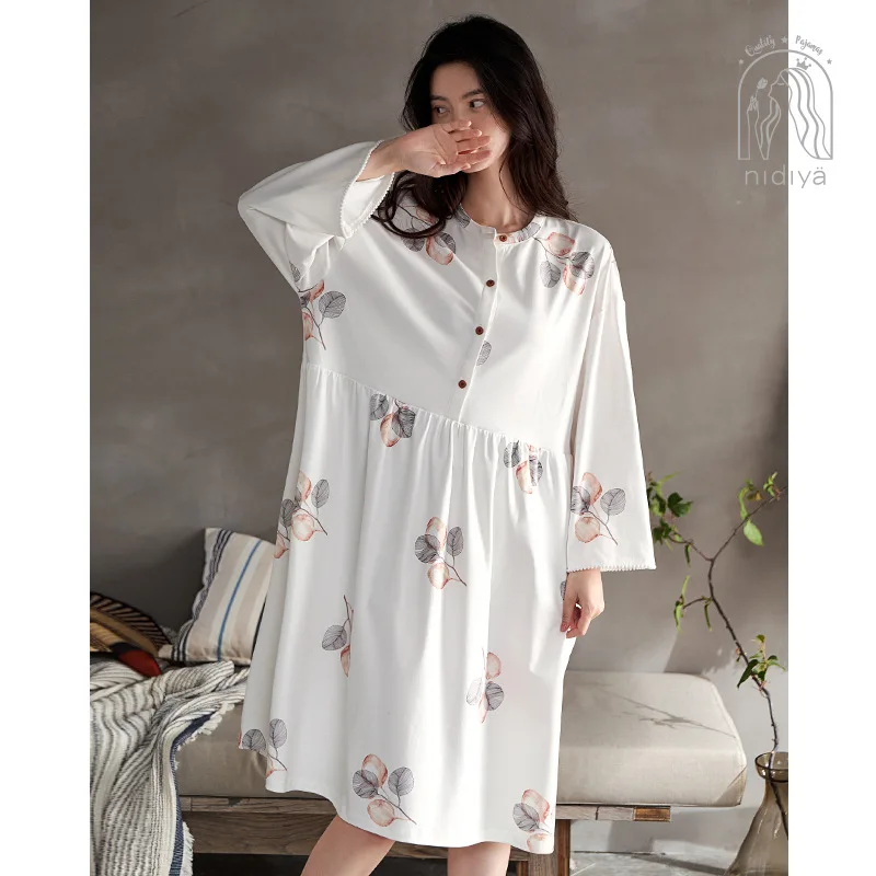 2021 Spring Summer New Nightdress Women's Cotton Long Sleeve Sleeve Sleeve Simple Loose Large Size Household Clothes Night Wear