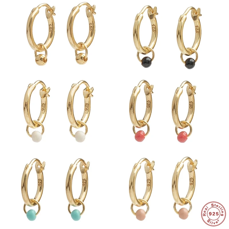 

Luxury Pendientes plata 925 Colorful Bead Pendant Hoop Earring For Women Girls 925 Sterling Silver Charms Earrings Jewerly