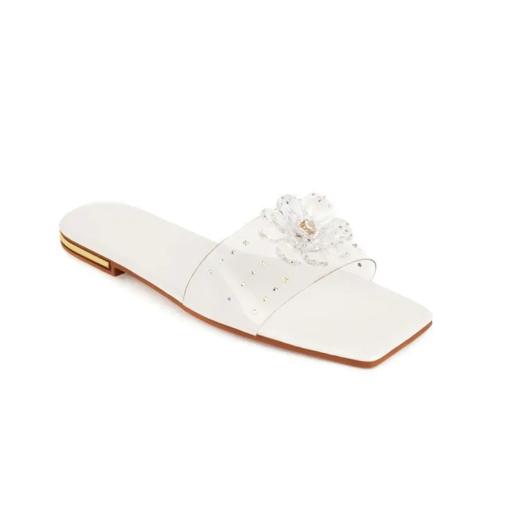 

Flat Shoes Female Woman's Slippers Slides Big Size Square Toe Flower Jelly Flip Flops 2021 Summer Glitter Rome Rubber Floral PU