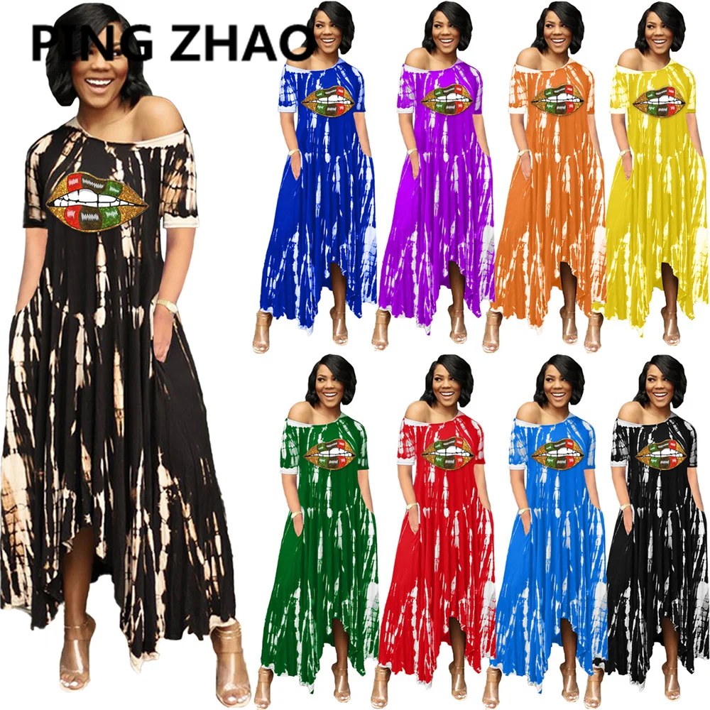 

PING ZHAO Women Long Dress Tie Dye Print Short Sleeve O-neck Loose Asymmetrical Maxi Midi Dresses Fashion Streetwear Summer