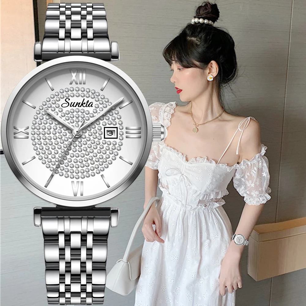 SUNKTA новые розовые Золотые женские часы Бизнес Кварцевые дамские Роскошные