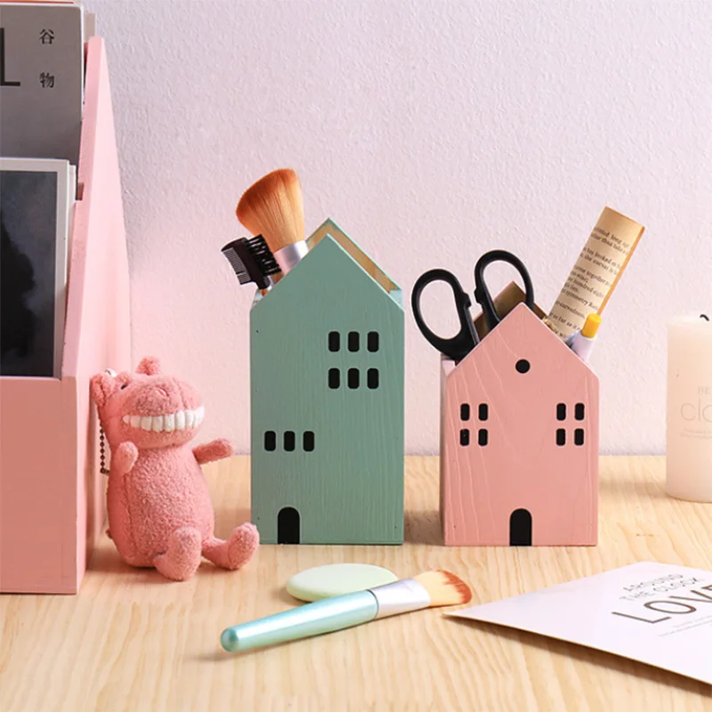 

Multi-function wooden House Shape Cute Pen Holder Storage Box Nordic Creative Personality Fashion Desk Office Organizer