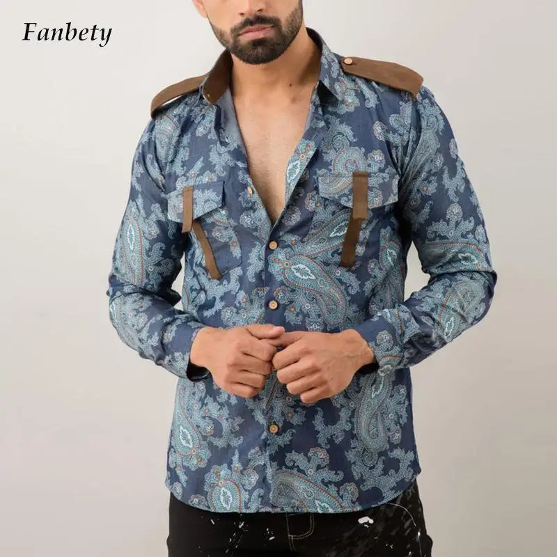 

Autumn Winter Vintage Pattern Printed Mens Tops Casual Long Sleeve Pockets Shirts Fashion Buttoned Lapel Shirts Male Streetwears