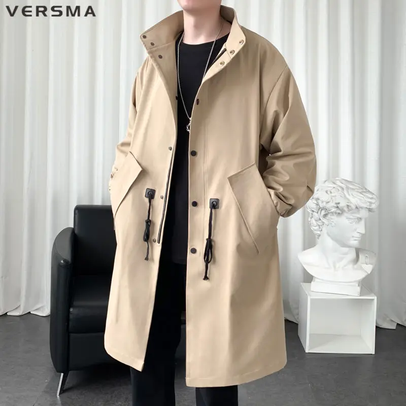 Трендовый черный мужской длинный Тренч VERSMA в Корейском стиле однотонный