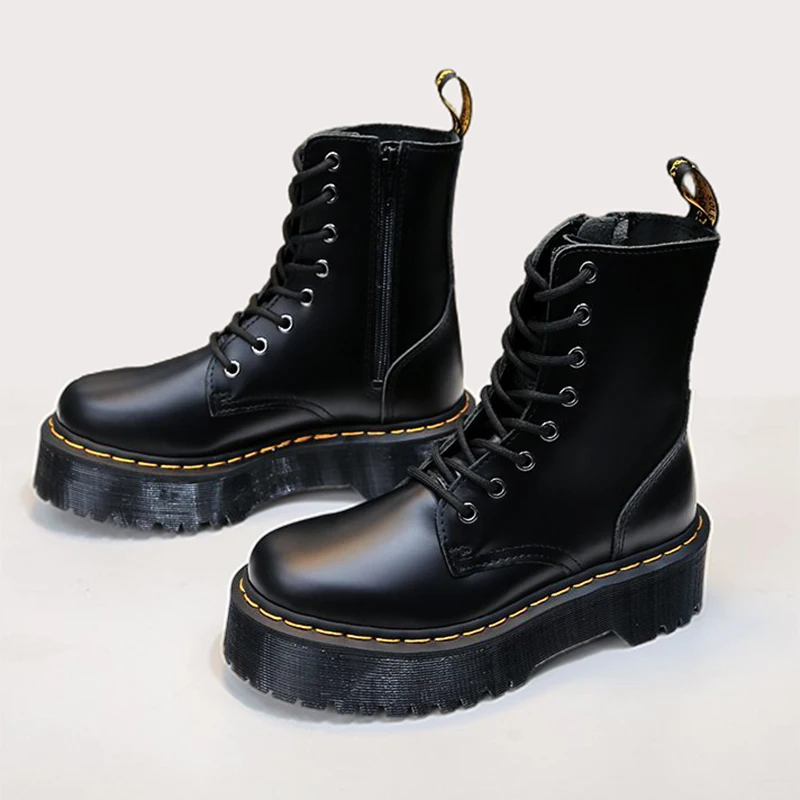 

Winter Leather Boots Women Platform Oxford Sole Lace-Up Zipper Female Plush Boot Shoe Increase Height Lady Black Botas