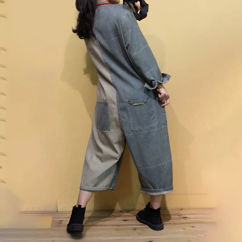 

IEQJ Loose Women Blue Casual Tooling Camouflage Hit Color Large Pocket Denim Piece Jumpsuit New High Waist Fashion Summer 2021