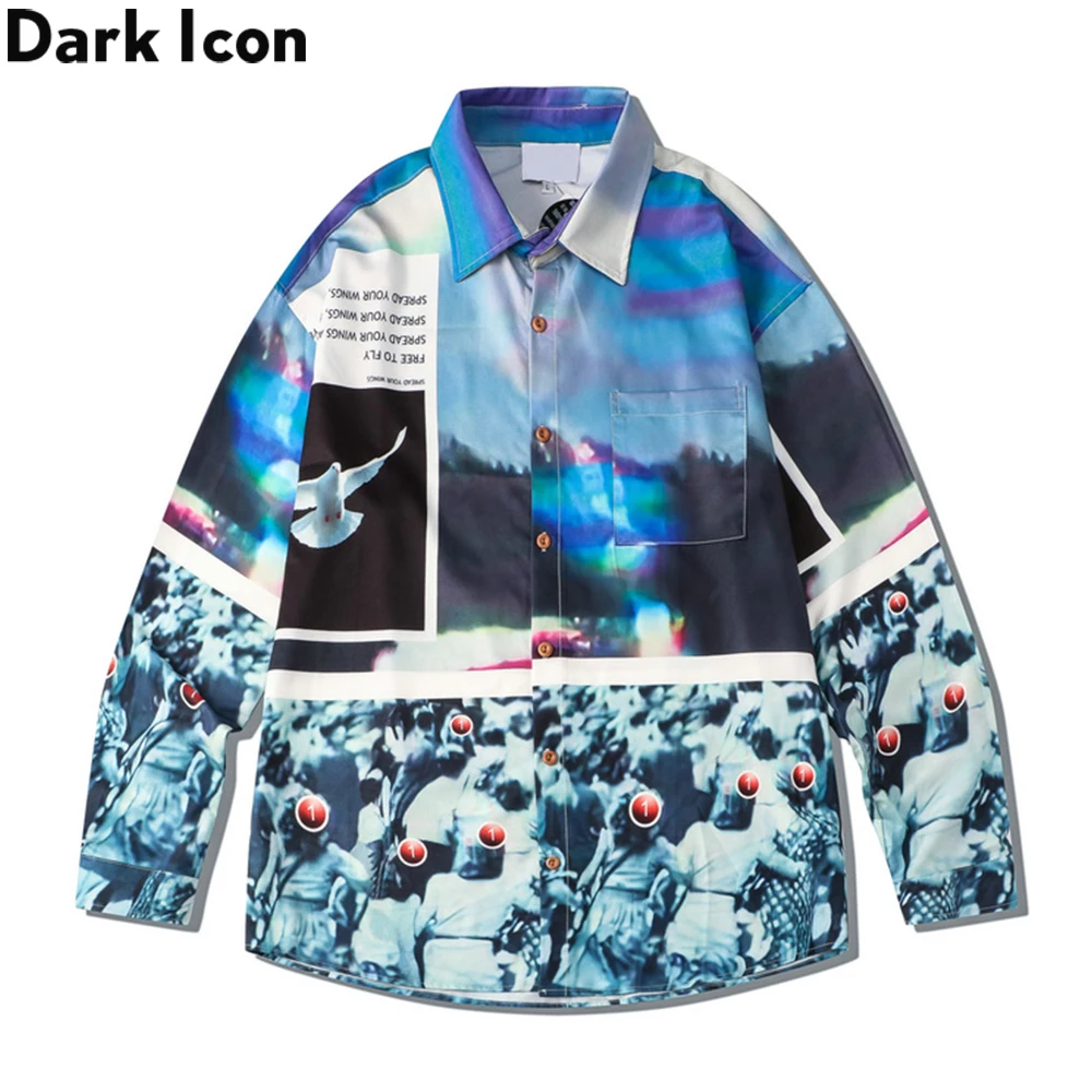

Dark Icon Full Printed Hawaiian Shirt Men Turn-down Collar Long Sleeved Men's Shirt Male Top