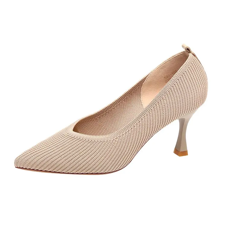 

High Heels Ladies Wild Shallow Mouth Single Shoes Fashion Party Women's Shoes Career Work Shoes Pointed Thin Heels Knitted Pumps