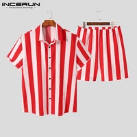 stylish hot sale mens fashionable all match striped short sleeved shirts five point pants 2022 well fitting suits s 5xl incerun