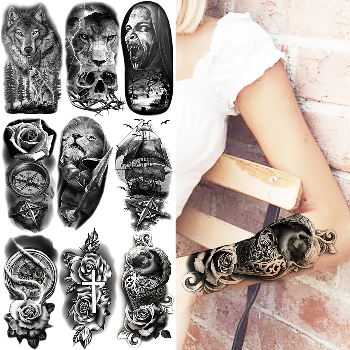 

Rose Flower Angel Temporary Tattoos For Women Men Wolf Lion Vampire Pirate Ship Compass Fake Tattoo Sticker Arm Body Tatoos DIY