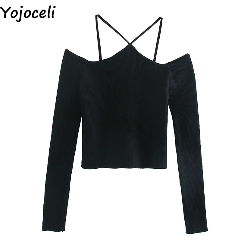

Yojoceli Elegant halter women knitted tops jumper Autumn basic black sweater pullover Winter casual daily knitting tops