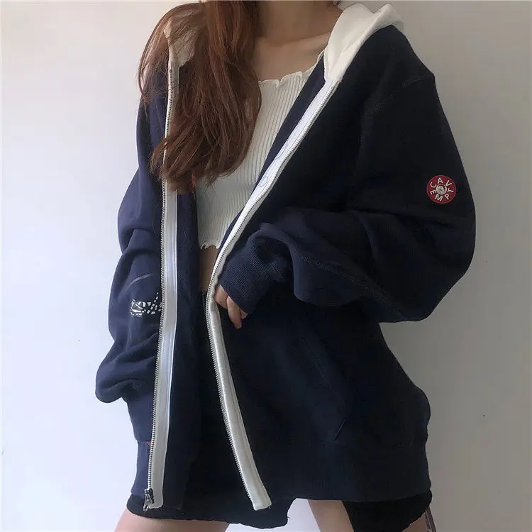 

Новинка 2021, свободный свитер контрастных цветов с прострочкой, толстовка на молнии, уличный стиль, синий японский тренд, мужские и женские к...