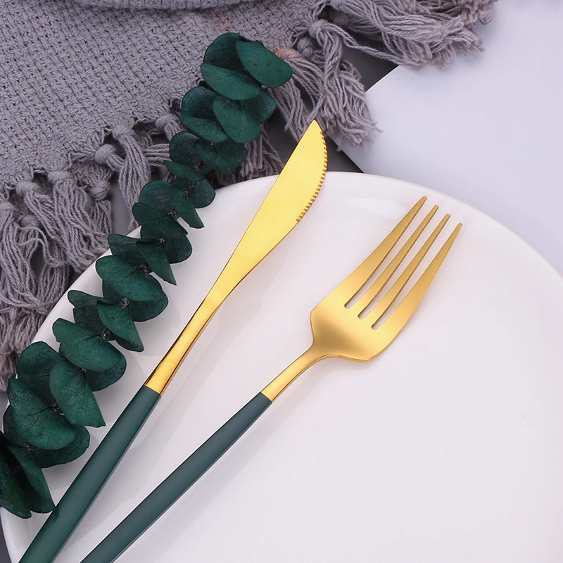

Green Gold Cutlery Set Wedding Dinnerware Tableware 16pcs Travel Camping Stainless Steel Spoon Set Silverware Fork Knife Set