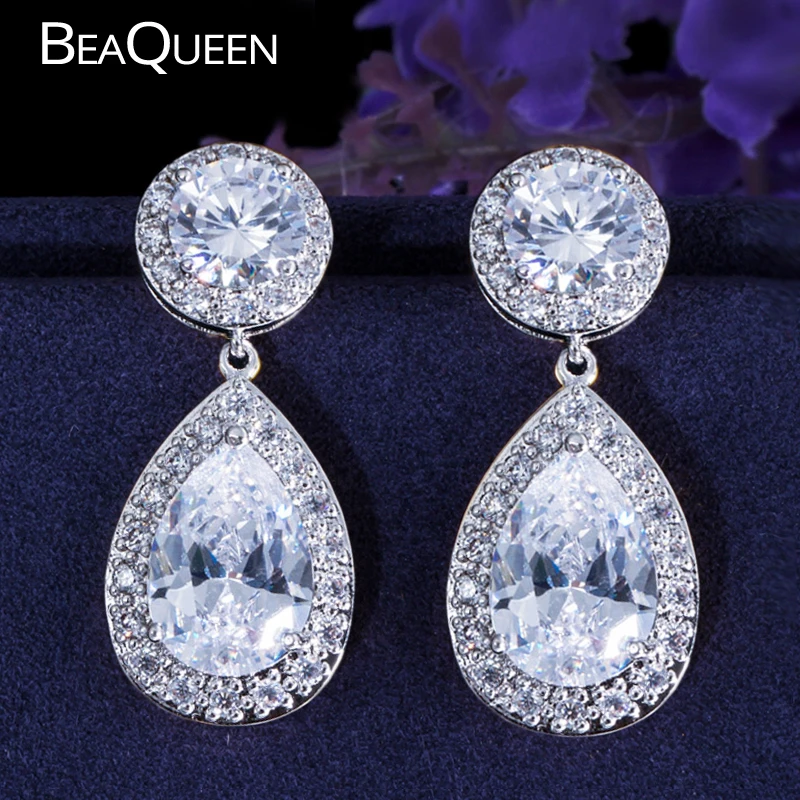 BeaQueen большие классические Висячие свадебные серьги с кристаллами из фианита