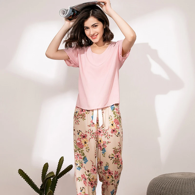 Women's Pajamas Set Viscose Homewear Summer Short-Sleeve T-Shirt Long Pants Sleepwear Suits Floral-Printed Mujer 2PCS Lingeries