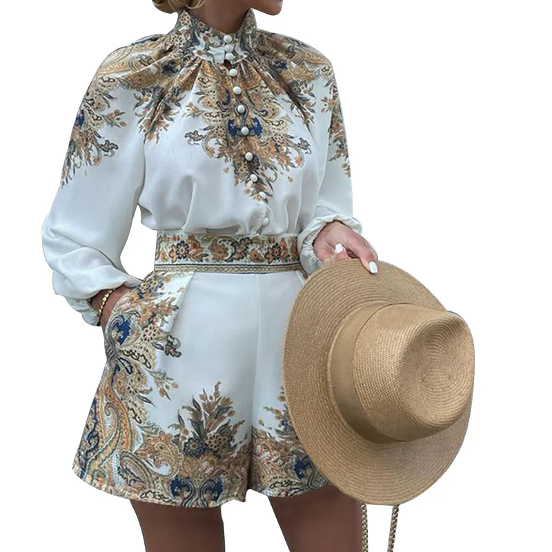 

Vintage Print Women Beading Two Piece Sets 2021 Autumn Stand Collar Lantern Sleeve Tops High Waist Loose Shorts Graceful Outfits