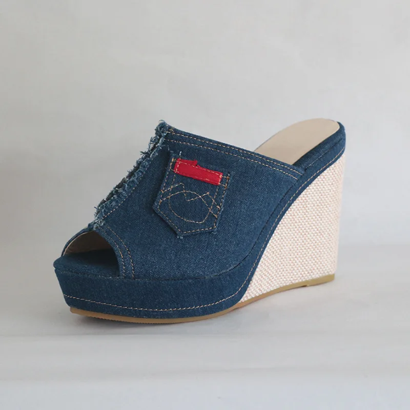 

Platform heel Fish Mouth Sandals Slipper Cowboy Cloth Thick Bottom Waterproof