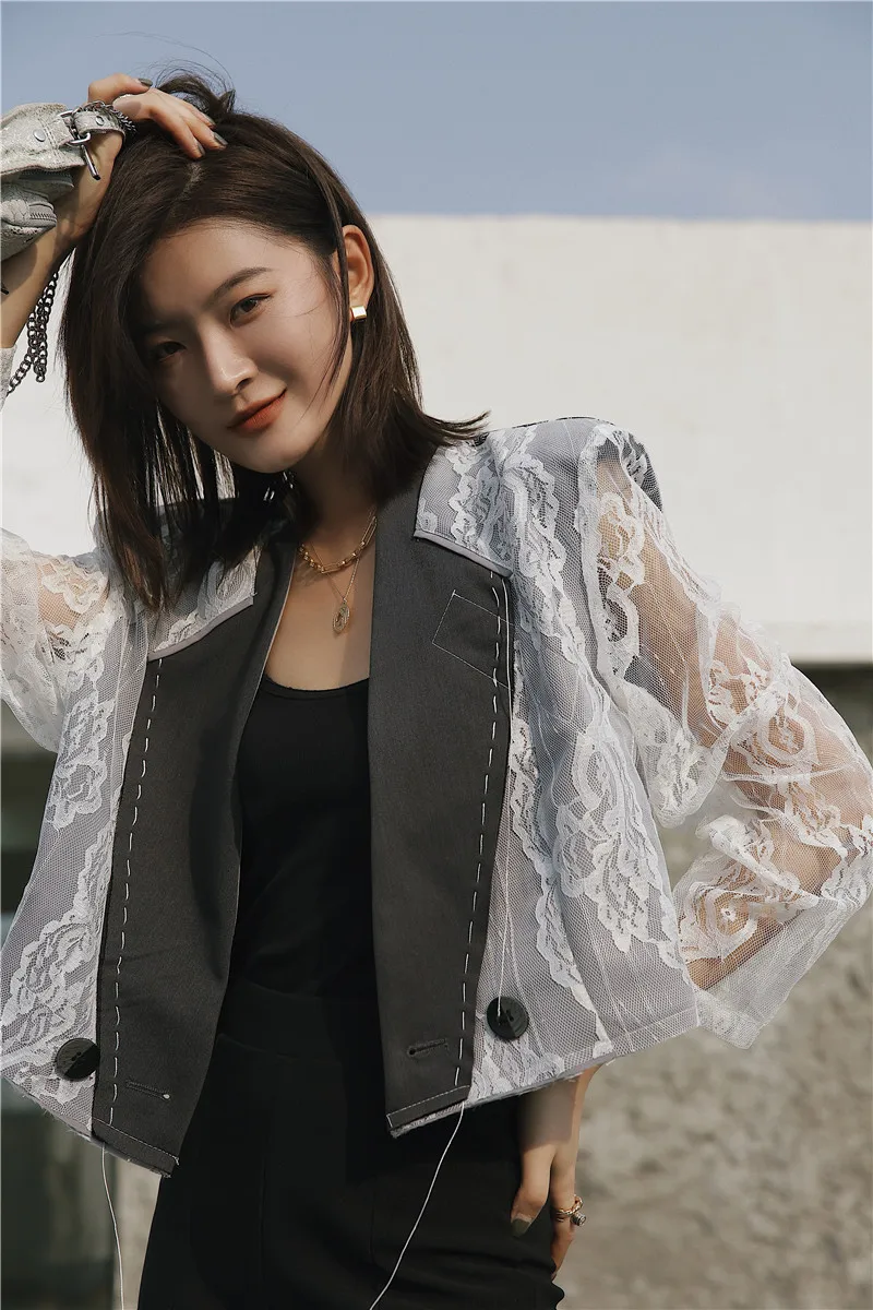 

2021 Summer New Stylish Designer Open Stitch Turn-down Collar Jacket Womens Slim Fitting Lace Perspective Patchwork Blazer