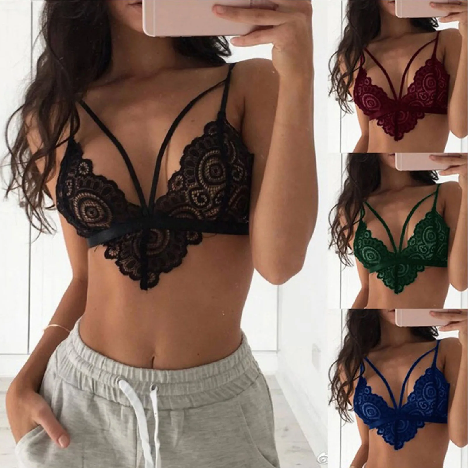 

Deep V Wireless Underwear Soft Thin Seamless Bra Women Lace Floral Bralette Bralet Bra Bustier Crop Top Cami Unpadded Tank