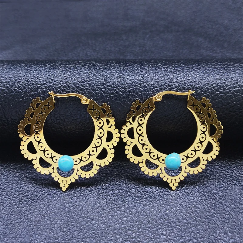 

Bohemia Stainless Steel Blue Stone Indian Earring Women Gold Color Flower of Life Hoop Earrings Jewelry cadenas mujer E9338S04