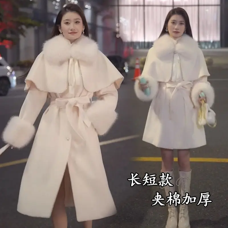 Длинный и короткий белый съемный плащ-ветровка зимнее новое шерстяное пальто