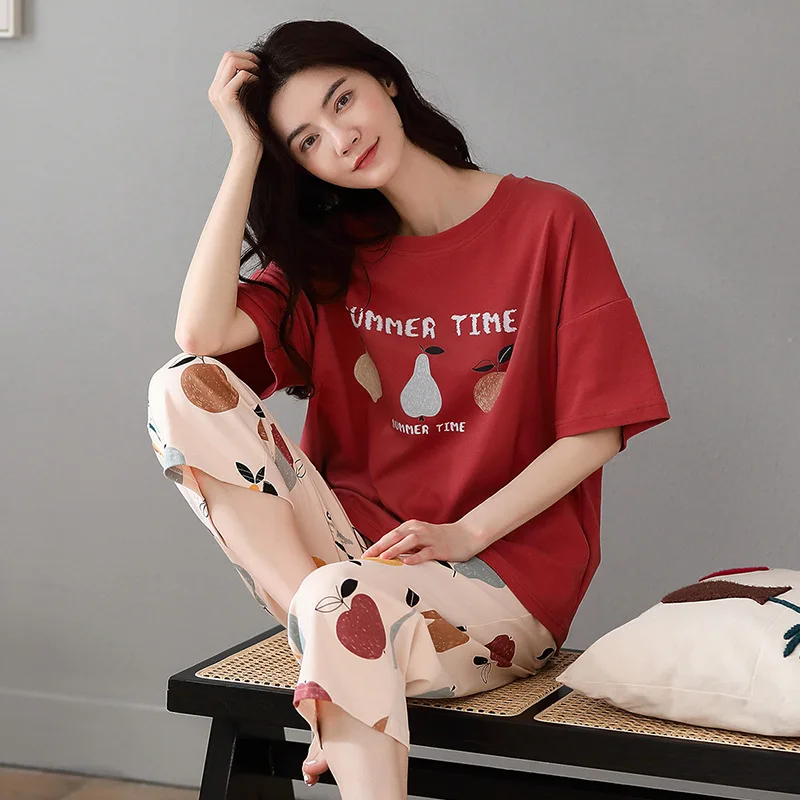 Простая Пижама женские пижамы Хлопковые пижамные комплекты с коротким рукавом