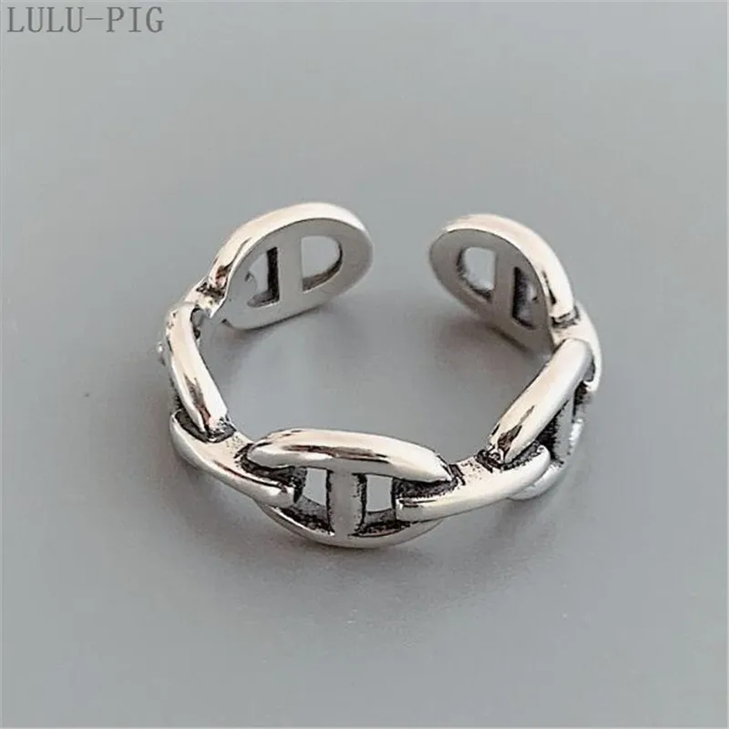 LULU-PIG, новинка 925, чистое серебро, Ретро стиль, неровно гладкое кольцо на цепочке, модное, тайское, серебряное, свинка, кольцо для открытия ноздри