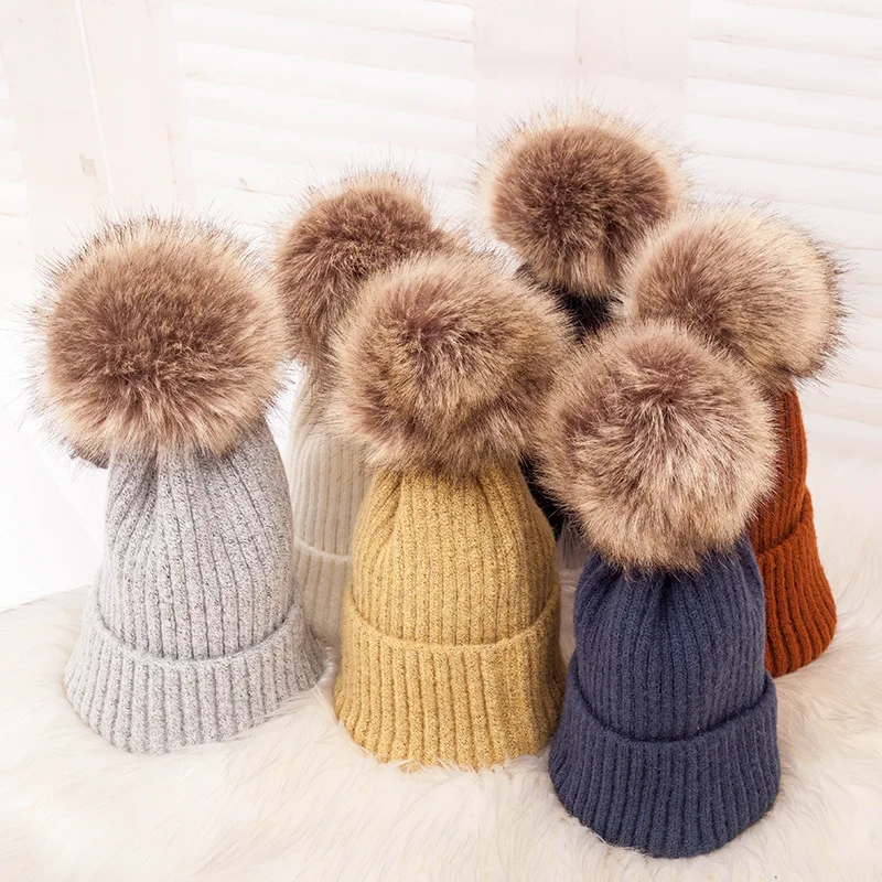 

Faux Fur Pom Pom Beanie Hat Knitted Skullies Beanies Caps For Women Winter Pompom Skulllies Beanie Hats women cotton winter hats