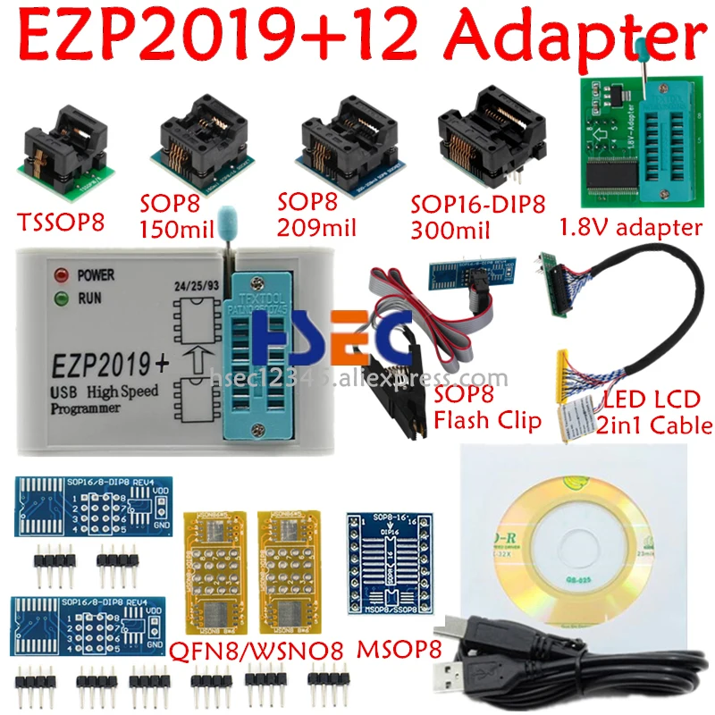 Полный комплект EZP2019 высокоскоростной USB SPI программатор + 12 адаптеров SOP8 тестовый