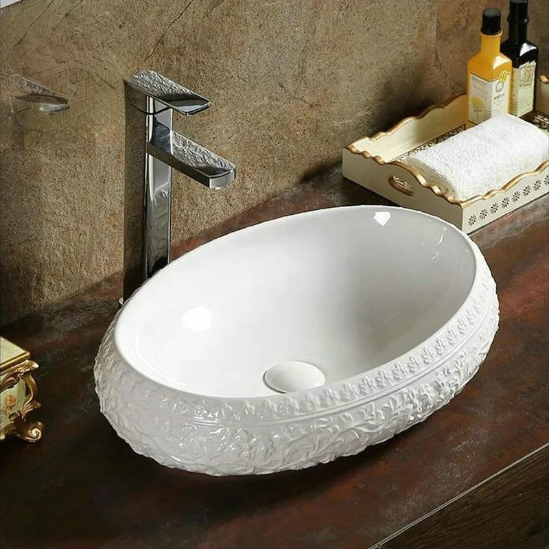 

Artistic Pure White Baroque Style Engraved Countertop Sink Wash Basin Ceramic Round Countertop Bathroom Sink