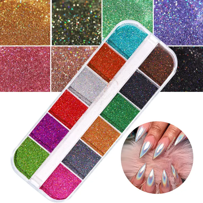 12 Grids Holographic Nail Glitter Powder Set 3D Laser Nails Art Sequins Sparkle Manicure Stickers Flakes Decorations | Красота и