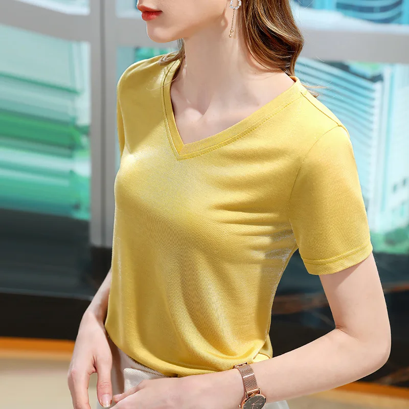 

Short sleeve T-shirt women's wear 2021 summer new women's wear ice silk T-shirt temperament solid color V-neck top