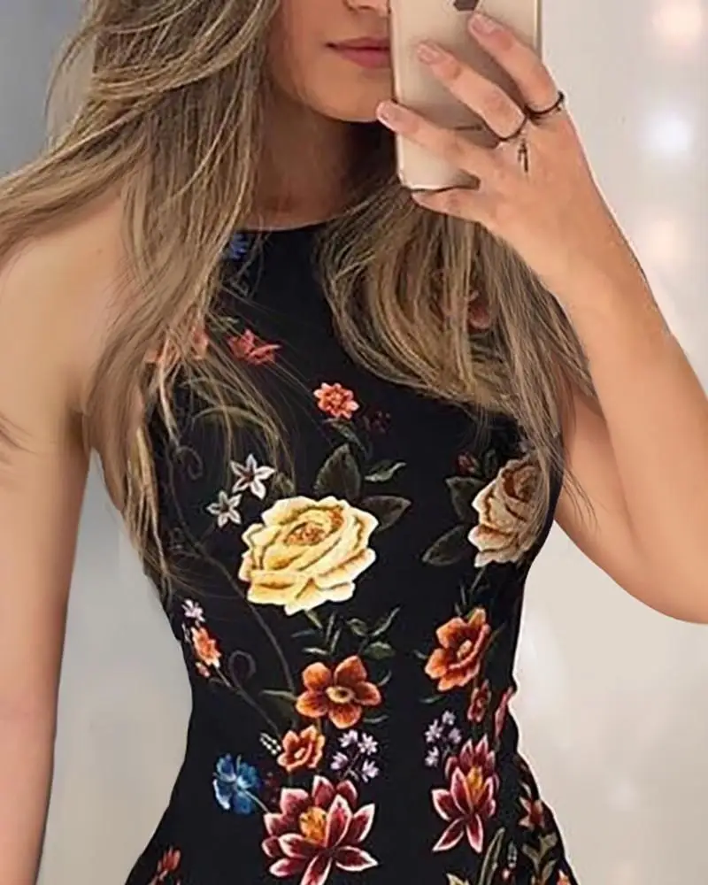 Женское облегающее мини-платье без рукавов с цветочным принтом | Женская одежда