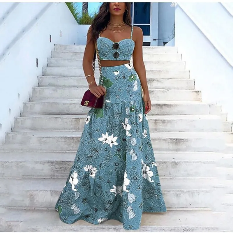 

Fashion Summer 2021 new sexy women's dress set sleeveless print elastic waist 2 piece set