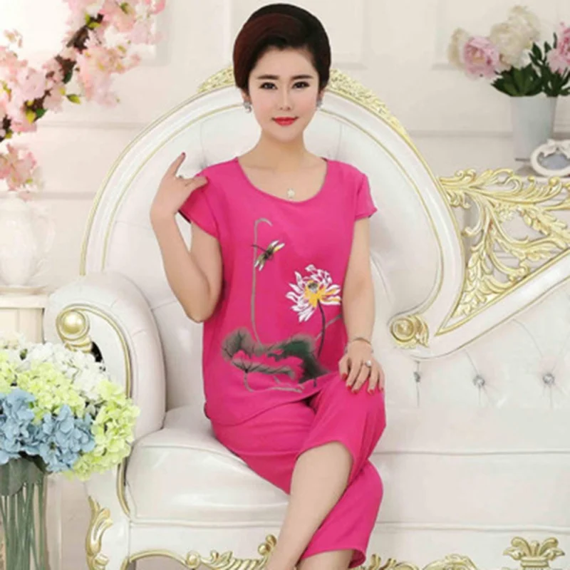 

X 2019 Summer Fashion Mother's Casual Chrysanthemum Print Short-sleeved Trousers Fashion Casual Wear Printed Home Service Suit