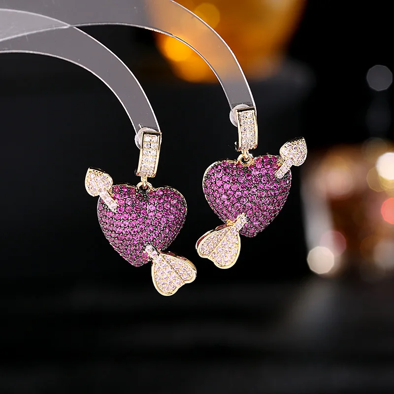 

Korean Ear Jewelry High-grade Zirconia Inlaid Love Heart-shaped Party Earrings One Arrow Piercing Dangle Earrings for Women 2020