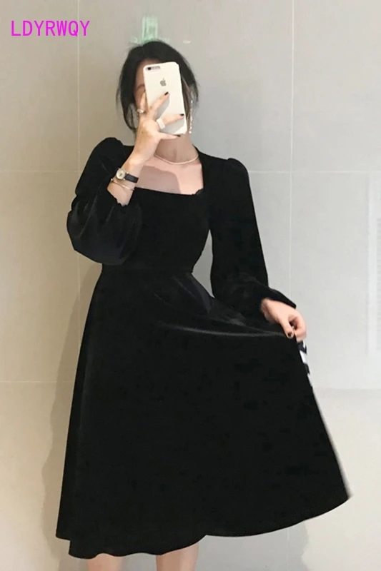 Женское бархатное платье до колена с квадратным вырезом и в стиле ретро для офиса