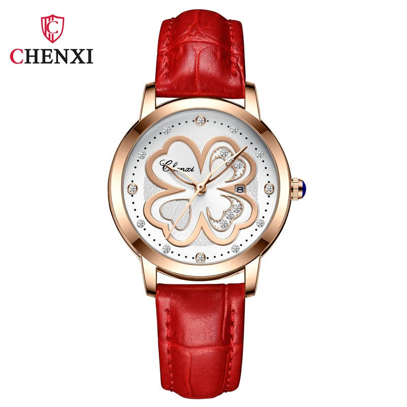

CHENXI Ladies Watch Simple Leisure Waterproof Luminous Luxury Fashion Diamond Four-leaf Clover Leather Strap Quartz Watch WA220