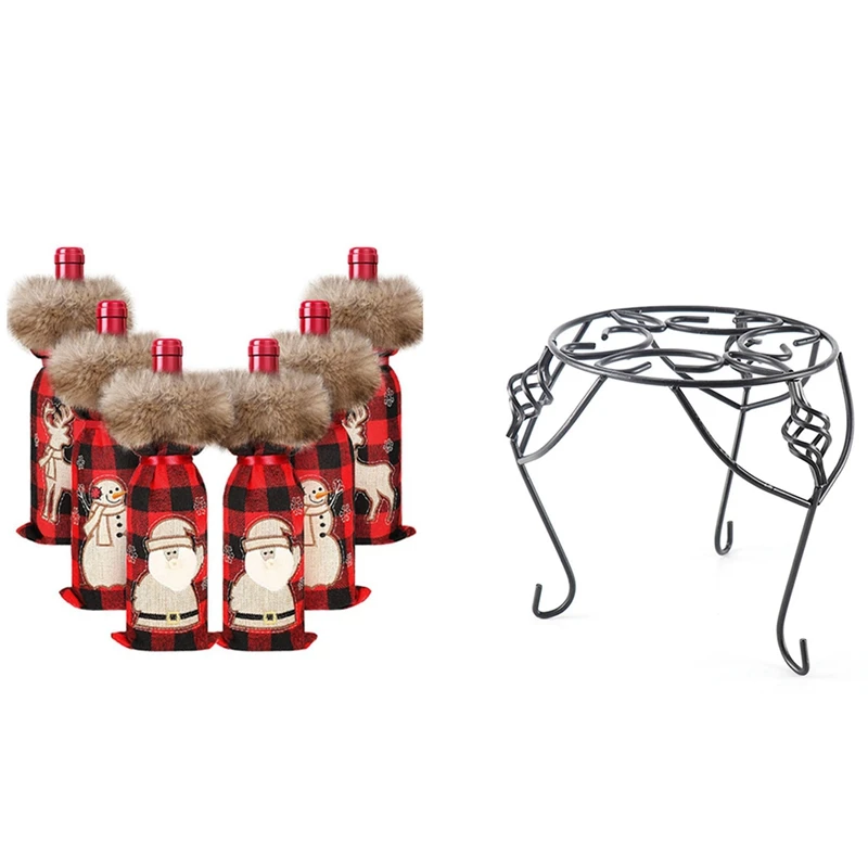 

6 Pieces Christmas Buffalo Plaid Wine Bottle Cover with Wrought Potted Plant Standing Flower Pot Shelf Display Stand